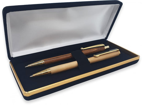 Black Velvet Double Pen Box Black Velvet Double Pen Box/Case with a gold coloured banding and a padded interior.