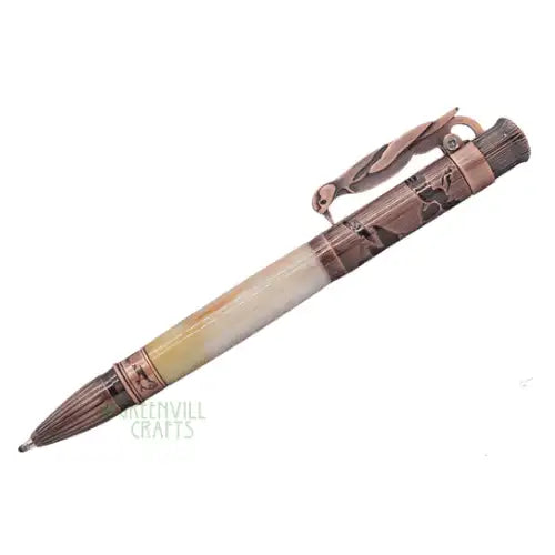 Bird Watcher - Woodpecker Lever Action Pen Kits - Antique Rose Copper - The pen clip creates an up and down pecking
