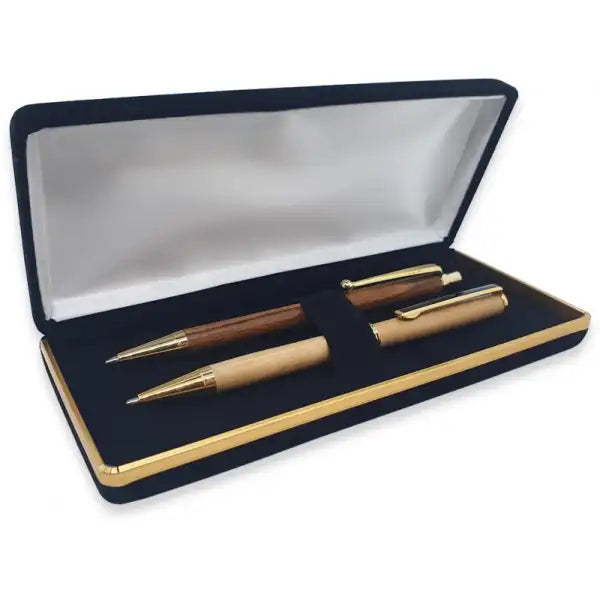Black Velvet Double Pen Box - Cases / Case with a gold coloured banding and padded interior. Pens not included.
