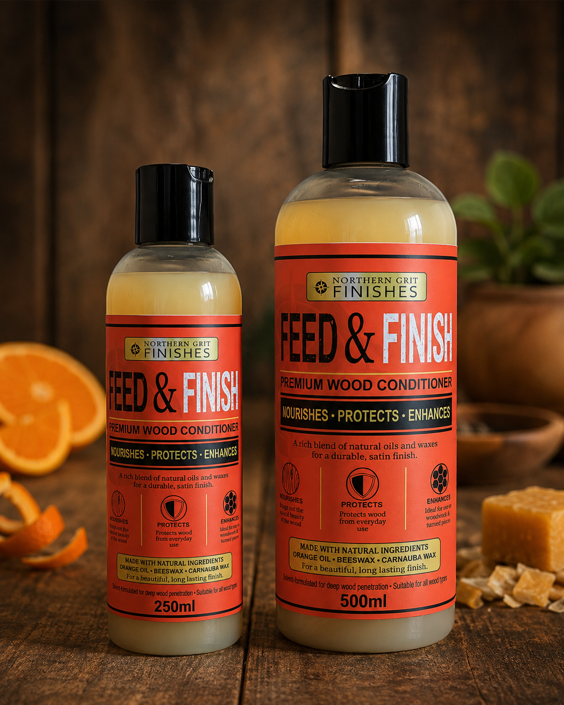 Feed & Finish - Wood Conditioner - Northern Grit finishes - NOURISHES • PROTECTS • ENHANCES is a premium conditioning