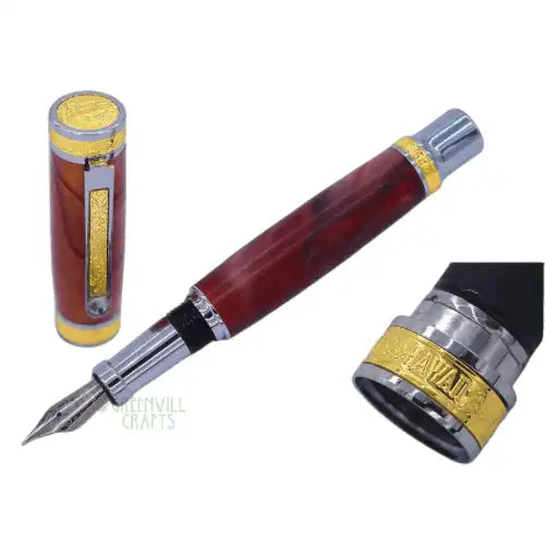 Hawaiian Love Fountain Pen Kits - Chrome & Gold - Center band is ringed with tridimensional carved ALOHA HAWAII words.