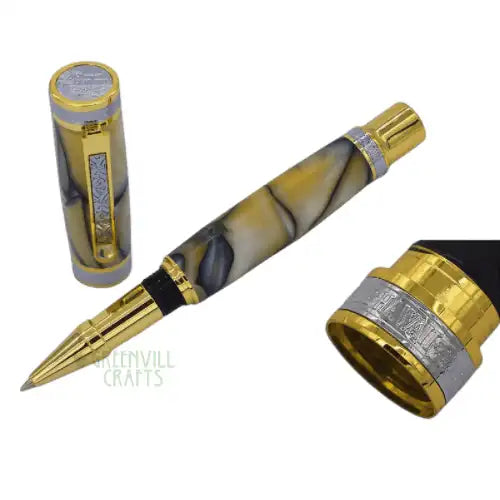 Hawaiian Love Fountain Pen Kits - Gold & Chrome - Center band is ringed with tridimensional carved ALOHA HAWAII words.