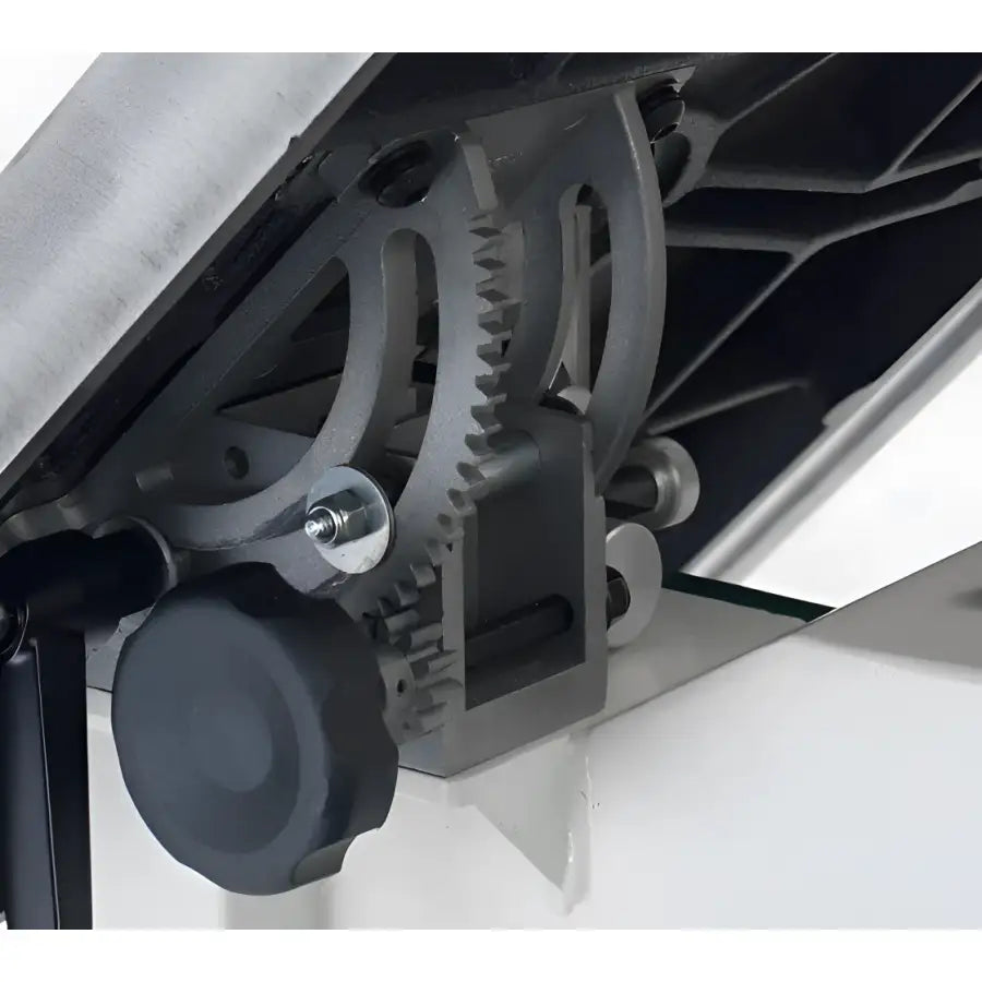 Heavy-Duty Trunnion Solid double trunnion table mount for rigid table support featuring one-handed rack and pinion table tilt for ease of use and accuracy.