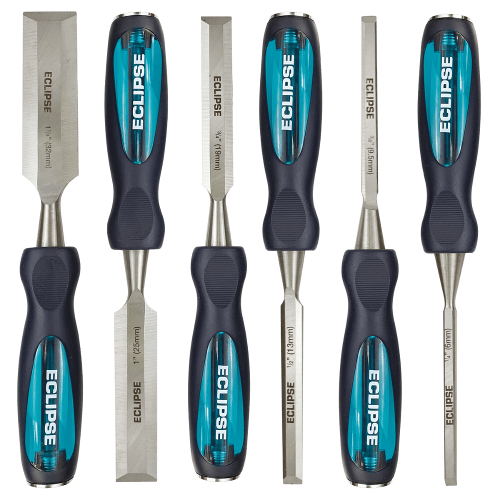  6 Piece High Impact Through Tang Wood Chisel Set - Eclipse Professional Tools. The 6 piece tool set contains 1/4", 3/8", 1/2", 3/4", 1", 1 1/4" chisels
