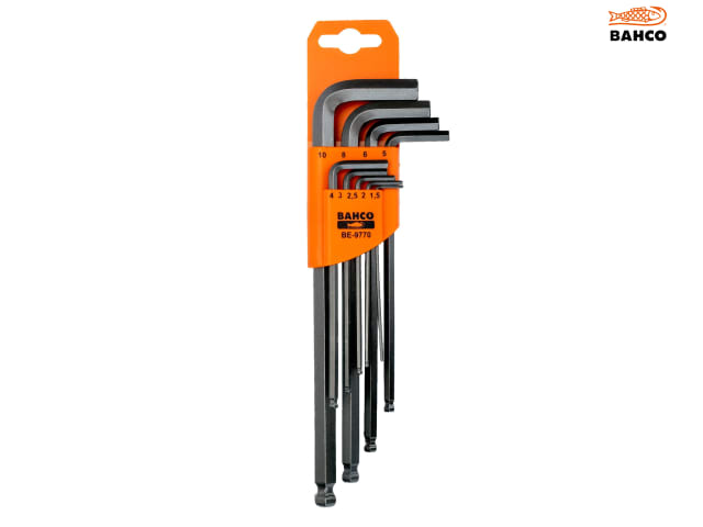 The Bahco BE-9770 Metric Long Ball End Hex L-Key Set is ideal for driving bolts and screws that have hexagonal sockets. Long arms ensure excellent leverage, which makes driving easier.  The ball ends of the keys allow the keys to be used up to an angle of 30° to the socket, whilst the hexagonal ends ensure an excellent fit into the screw/bolt head. A phosphate finish surface treatment provides outstanding surface protection; higher accuracy in the tip.