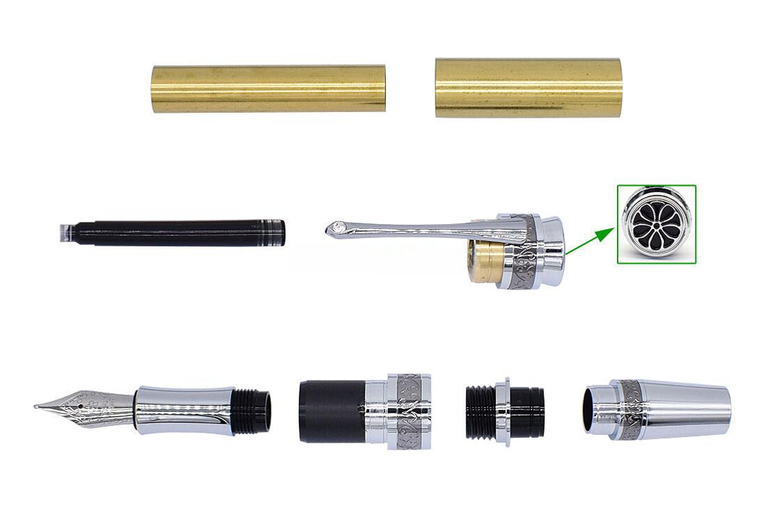 Chrome & Black Titanium New Majestic Fountain Pen Kit This is a premium quality fountain pen kit, perfect for gifts.  Please note that this style of Majestic Pen Kit uses the Large JR Gent bushings  Drill bits required 37/64" & 11.7mm