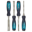 High Impact Through Tang Bevel Edge Wood Chisels - 4 Set, Eclipse Professional Tools. The 4 piece chisel tool set contains 1/4", 1/2", 3/4", 1" chisels