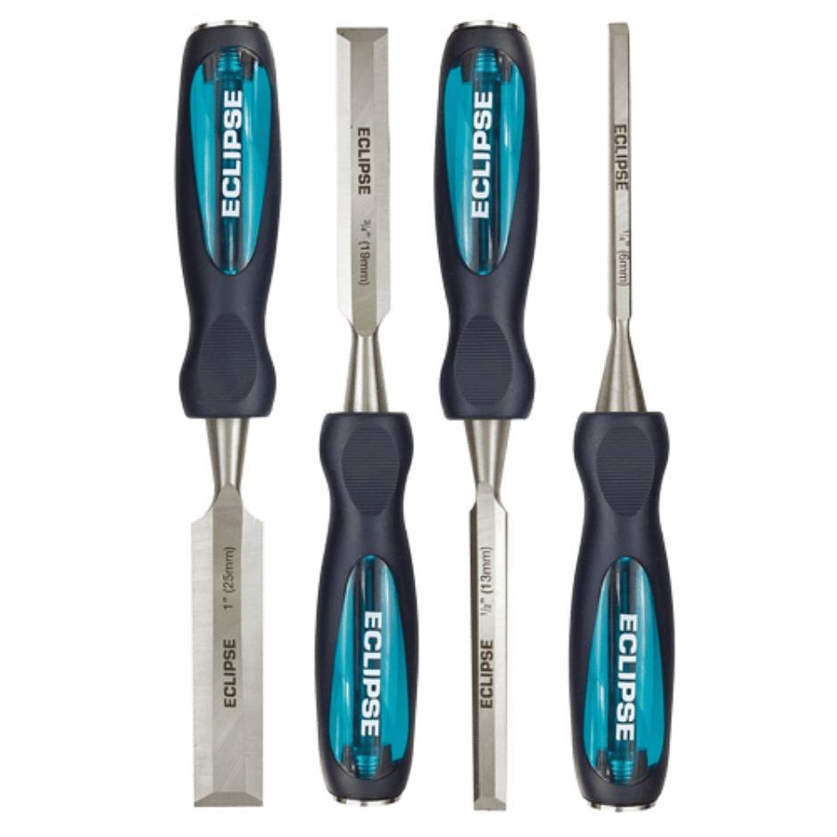 High Impact Through Tang Bevel Edge Wood Chisels - 4 Set, Eclipse Professional Tools. The 4 piece chisel tool set contains 1/4", 1/2", 3/4", 1" chisels