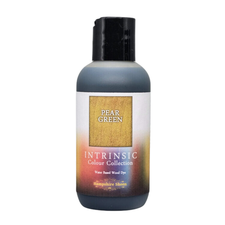 Pear Green water-based wood stain 125ml bottle  A very pleasant yellowy-green. Blends well with Forest Green, the blues and Honey.  The Intrinsic Colour Collection is a set of distinctive and atmospheric wood dyes in shades designed by professional UK woodturner Martin Saban-Smith.