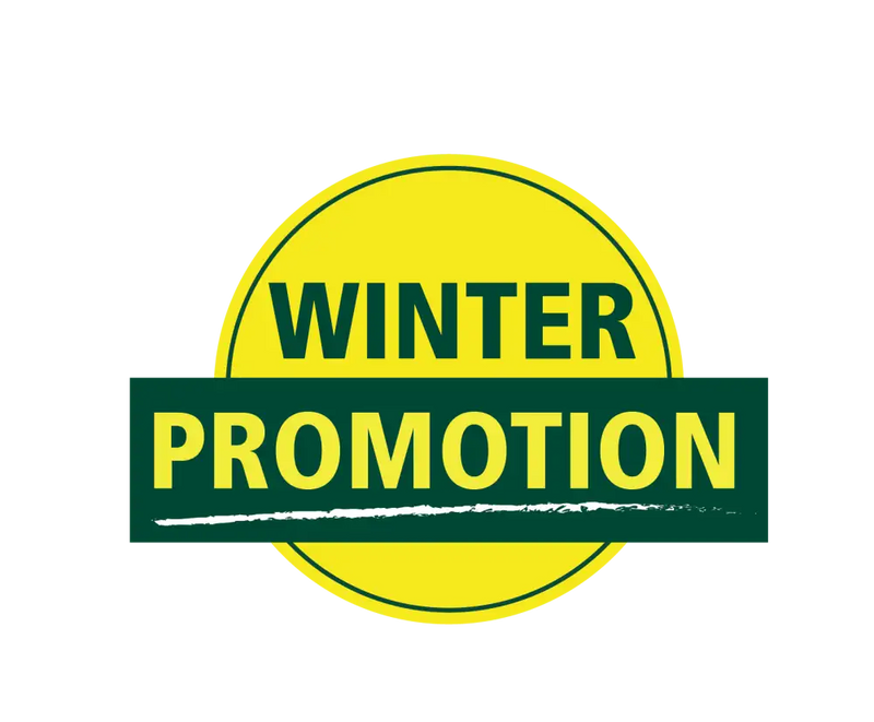 Bright yellow and green circular ’winter promotion’ logo with bold text.