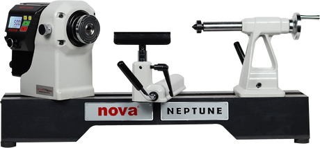 Nova Neptune Lathe woodturning lathe by Nova Teknatool International. 1.5 HP power digital direct drive motor. 15" Turning Diameter. Optional Outrigger, legs and bed extension. Swiveling, Sliding Headstock 360. 2MT. Electronic Braking safety. Quality Nova woodturning lathes.