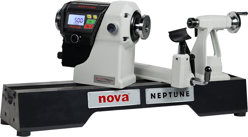 Nova Neptune midi benchtop woodturning lathe by Nova Teknatool International. 1.5 HP power digital direct drive motor. 15" Turning Diameter. Optional Outrigger, legs and bed extension. Swiveling, Sliding Headstock 360. 2MT. Electronic Braking safety. Quality Nova woodturning lathes.