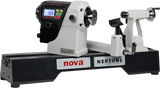 Nova Neptune midi benchtop woodturning lathe by Nova Teknatool International. 1.5 HP power digital direct drive motor. 15" Turning Diameter. Optional Outrigger, legs and bed extension. Swiveling, Sliding Headstock 360. 2MT. Electronic Braking safety. Quality Nova woodturning lathes.