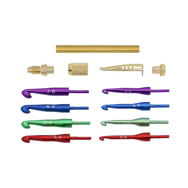 Gold & Colour Crochet Hook Kit (Knurled) - Project crochet hook kit sets with coloured and knurled fitment. Hooks