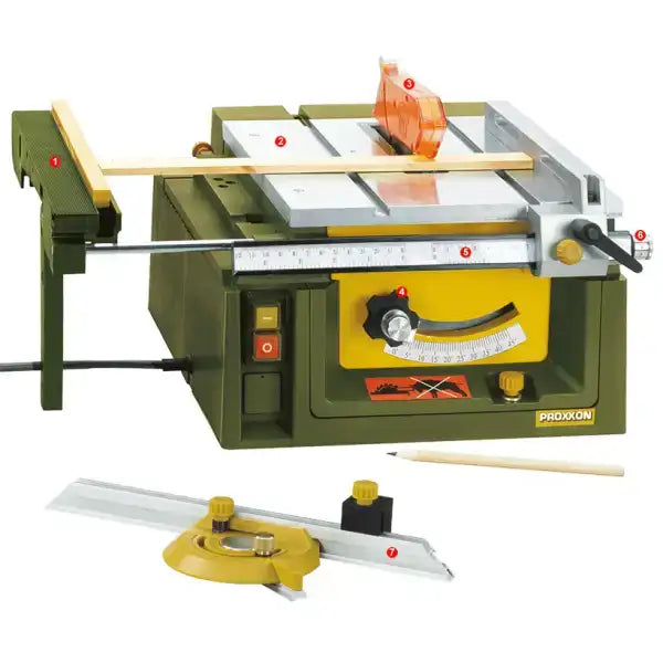 Proxxon FET Table Saw - With set-screw for fine adjustment of the longitudinal stop by 1 / 10mm. Height adjustable