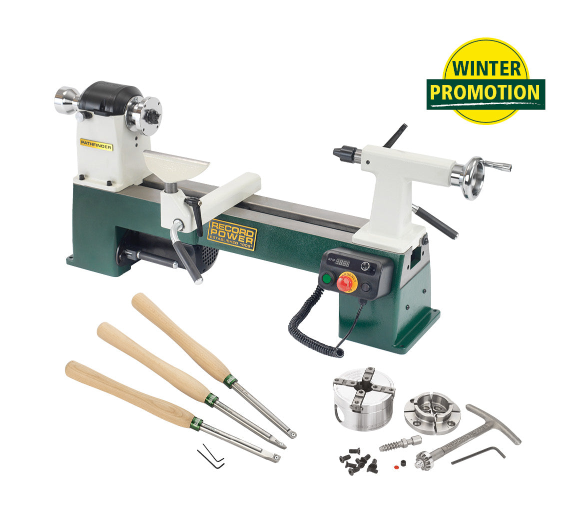 Pathfinder Woodturning Lathe & SC2 Chuck Carbide Tool Set Package - Lathes A great deal in the Record Power Winter