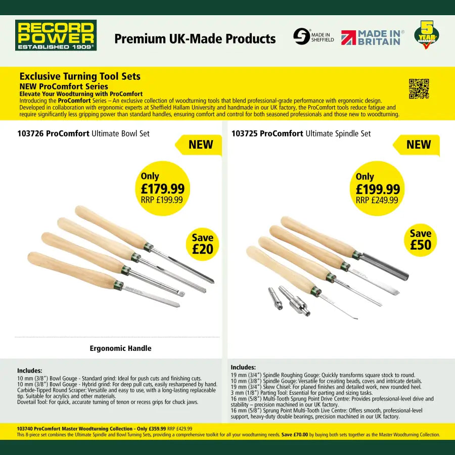 ProComfort Ultimate Bowl Turning Set - Record Power - Woodturning Tools - Fast shipping