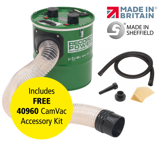 Record Power CGV286-4 Compact Extractor & CamVac Accessory Kit CGV286-4 Compact Extractor This compact 36 litre machine is ideal for general maintenance in smaller premises and workshops. The cyclonic neutral vane theory technology draws the waste into the drum with great force and directs it around the outside edge, keeping the filters cleaner and allowing the waste to fall to the bottom of the drum.