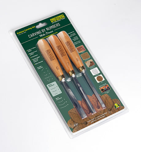 Record Power Pattern Carving Tools Set 3 Chromium-vanadium alloy steel Carving tools, featuring the unique Carving by Numbers referencing system.  Create beautiful patterns with this 3-piece Carving by Numbers tool set.