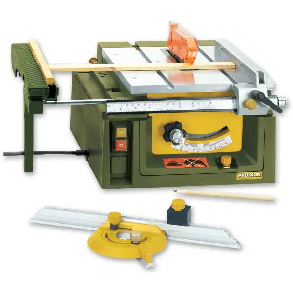 Proxxon FET Table Saw - With set-screw for fine adjustment of the longitudinal stop by 1 / 10mm. Height adjustable