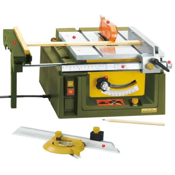 Proxxon FET Table Saw - With set-screw for fine adjustment of the longitudinal stop by 1 / 10mm. Height adjustable