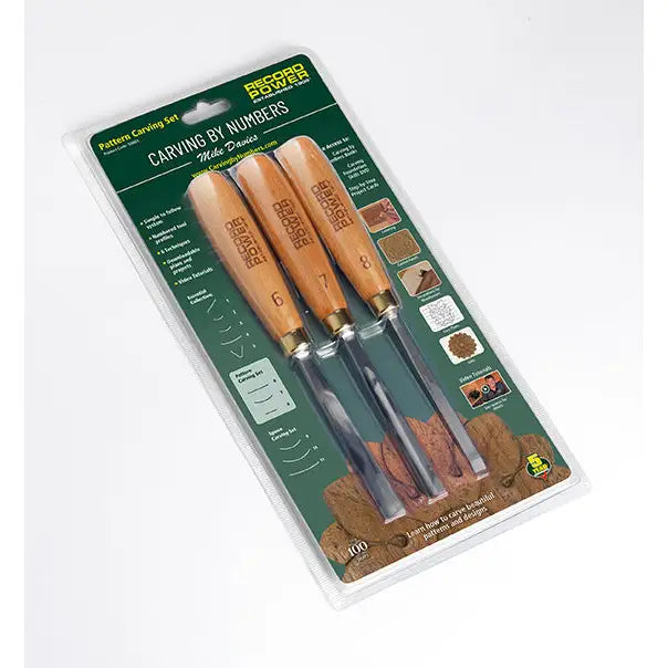 Record Power Pattern Carving Tools Set 3 Chromium-vanadium alloy steel Carving tools, featuring the unique Carving by Numbers referencing system.  Create beautiful patterns with this 3-piece Carving by Numbers tool set.