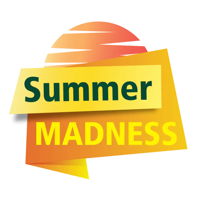 Vibrant yellow and orange layered banner graphic with ’summer madness’ text.