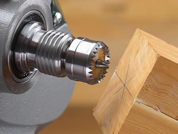 Ideal for Use with Laminated Timber  The spring-loaded locating pin retracts into the body of the drive centre, allowing the outer teeth to grip the workpiece. This is ideal when using laminated timber as it greatly reduces the chance of splitting.